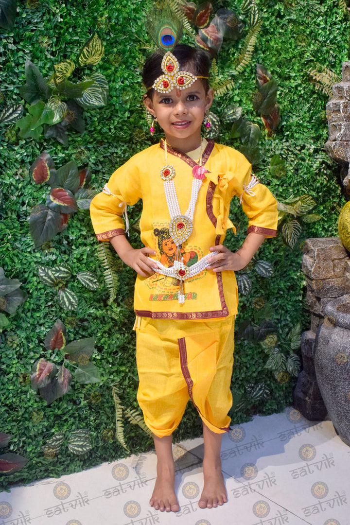 Krishna costume for kids with simple cotton yellow kurti and yellow dhoti – India’s Largest Pooja Accessories Brand – www.satvikstore.in/www.satvikworld.com