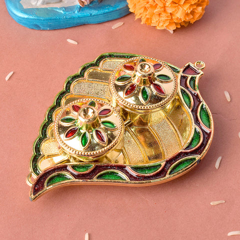 Beautiful kumkum holder featuring an intricate leaf pattern design, ideal for traditional pooja and rituals. Indiaβs Largest Pooja Accessories Brand β www.satvikstore.in