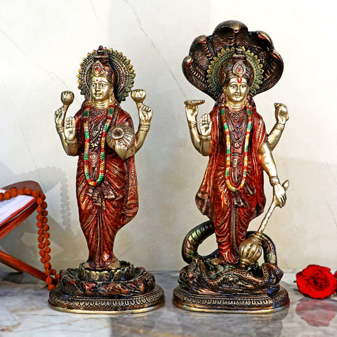 Brass Idol of Graceful Brass Laxmi Narayan Idol generally symbolizes the union of mind and soul. It also helps in maintaining the cordial relationship between husband and wife. Couples who keep Vishnu; and Parivaar in their home are blessed with Lord Vishnu and Goddess Lakshmi. This Brass Vishnu Parivaar is a must in every home. India's Largest Puja Accessories Brand - Satvik