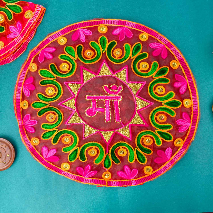 Pink Ma thal posh / thali cover in organza fabric for pooja and festive rituals. Indiaβs Largest Pooja Accessories Brand β www.satvikstore.in
