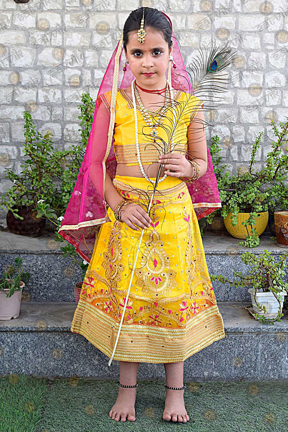Yellow satin Radha costume for girls with dupatta and traditional design β Indiaβs Largest Pooja Accessories Brand β www.satvikstore.in