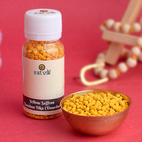 Yellow Chandan Tika (Saffron Chandan Tilak) Danedar for forehead application during puja, meditation, and spiritual rituals β Indiaβs Largest Pooja Accessories Brand β www.satvikstore.in