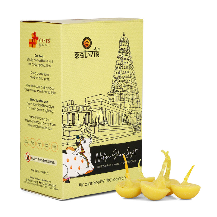 Pack of 50 Pure Cow Ghee Diya Wicks (Wax Free), handcrafted with natural cow ghee for long-lasting, clean-burning light during pooja, aarti, and spiritual rituals. Eco-friendly and pure. Indiaβs Largest Pooja Accessories Brand β www.satvikstore.in