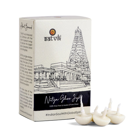 Pack of 50 Pure Desi Ghee Diya Wicks (Wax Free), handcrafted with natural desi ghee for long-lasting, pure illumination during pooja and spiritual rituals. Eco-friendly and handmade. Indiaβs Largest Pooja Accessories Brand β www.satvikstore.in
