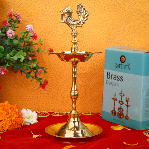 6.5 Inch Brass Peacock Kerala Diya β Handcrafted brass diya featuring a peacock motif, ideal for pooja rituals, temple lighting, and traditional dΓ©cor. Indiaβs Largest Pooja Accessories Brand β www.satvikstore.in