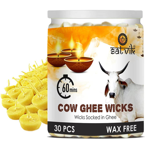 60-minute Pure Cow Ghee Diya Wicks (Wax Free), designed for long-lasting, clean-burning light during pooja and spiritual rituals. Eco-friendly and handmade with natural cow ghee. Indiaβs Largest Pooja Accessories Brand β www.satvikstore.in