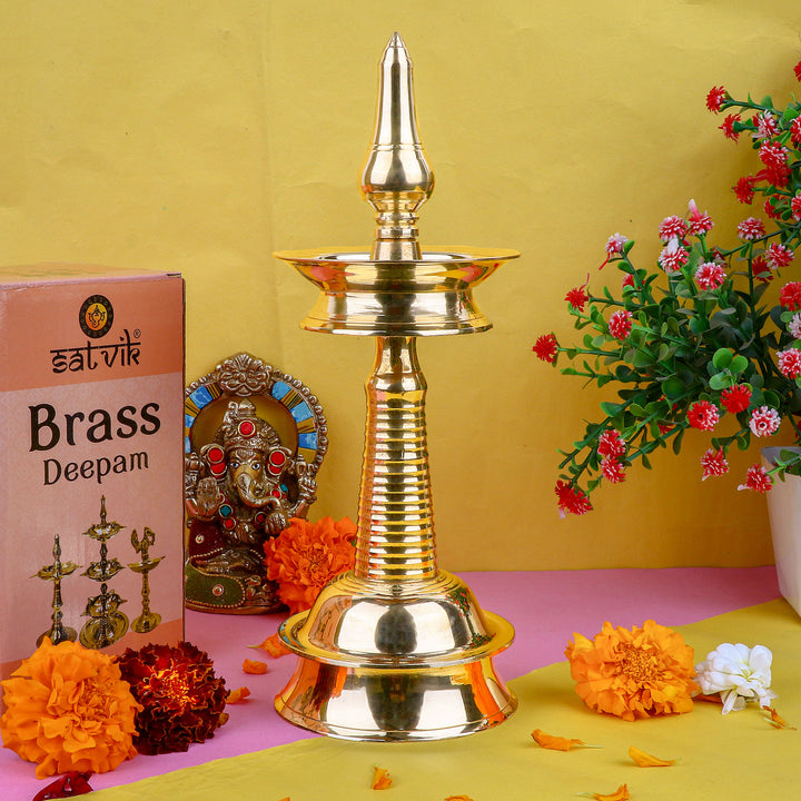 9 Inch Small Brass Kerala Diya – AKP NilaVilakku Deepam – Traditional handcrafted brass oil lamp for Indian pooja rituals and decor. India’s Largest Pooja Accessories Brand – www.satvikstore.in