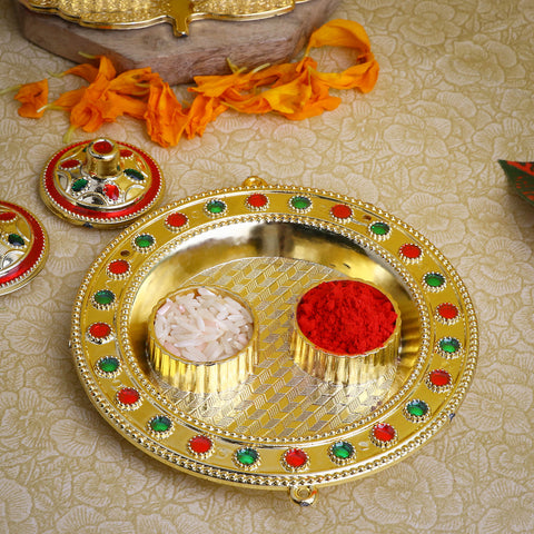 Attractive round Roli Akshat platter, elegantly crafted circular tray used for holding roli and akshat during pooja, tilak, and festive ceremonies. 
Indiaβs Largest Pooja Accessories Brand β www.satvikstore.in