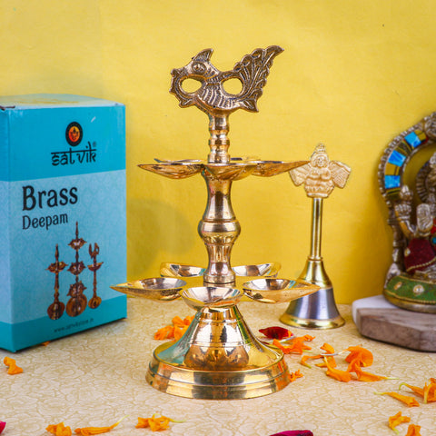 Brass 2 Step Panchmukhi Peacock Kerala Diya