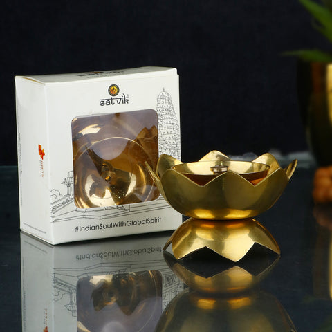 Brass Lotus Kamal Shape Diya β Elegant lotus-shaped brass oil lamp, ideal for pooja rituals and spiritual decoration. Indiaβs Largest Pooja Accessories Brand β www.satvikstore.in