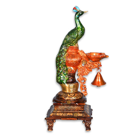 Brass decorative peacock idol with intricate feather detailing, ideal for home dΓ©cor, pooja rooms, or as a spiritual gift item. Indiaβs Largest Pooja Accessories Brand β www.satvikstore.in