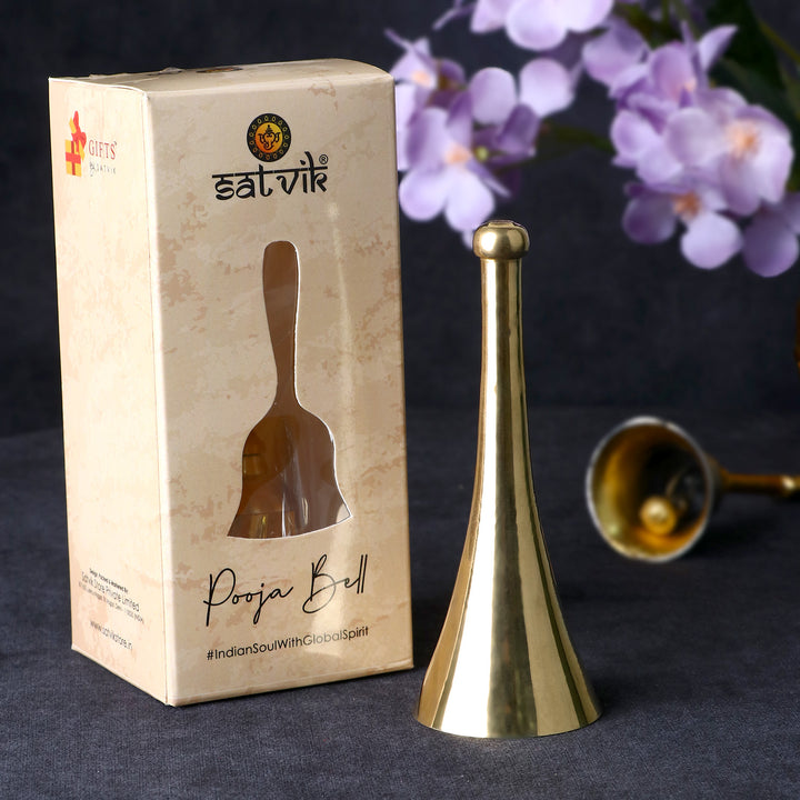 Exquisite brass cone-shaped pooja bell with polished finish and traditional design, ideal for spiritual rituals, temple use, and daily prayer ceremonies at home. India’s Largest Pooja Accessories Brand – www.satvikstore.in
