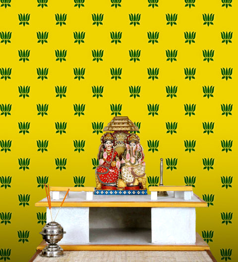 Premium yellow printed backdrop cloth with traditional floral and decorative motifs, ideal for pooja, festivals, and home temple decoration. Indiaβs Largest Pooja Accessories Brand β www.satvikstore.in