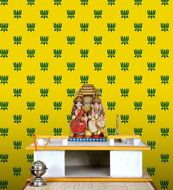 Premium yellow printed backdrop cloth with traditional floral and decorative motifs, ideal for pooja, festivals, and home temple decoration. India’s Largest Pooja Accessories Brand – www.satvikstore.in