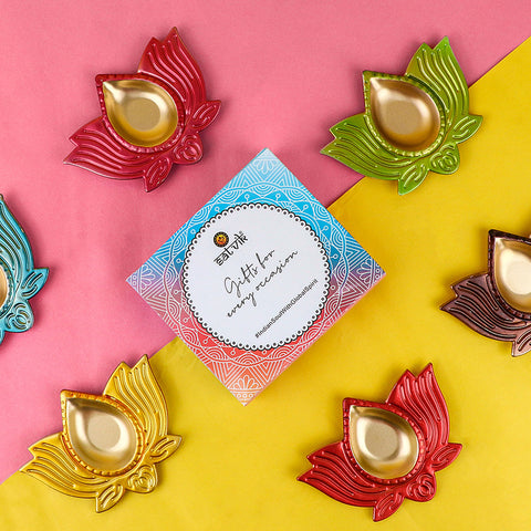 Prepossessing Multicolor Lotus Shape Diya β A beautifully crafted diya designed in the shape of a lotus, featuring vibrant multicolor accents. Indiaβs Largest Pooja Accessories Brand β www.satvikstore.in