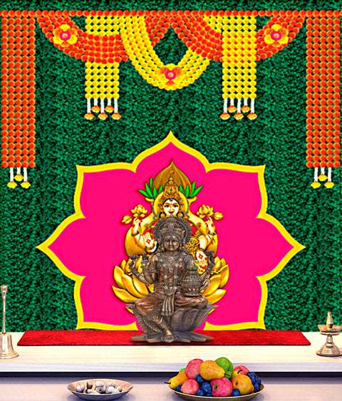 Printed backdrop cloth featuring Goddess Laxmi seated on a vibrant green banana leaf design, perfect for Diwali, Lakshmi puja, and festive home decor. Indiaβs Largest Pooja Accessories Brand β www.satvikstore.in