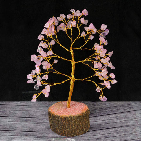 Rose Quartz Crystal Tree with 100 soft pink gemstone beads, beautifully crafted on a wire frame base, ideal for attracting love, emotional healing, and positive energy. Indiaβs Largest Pooja Accessories Brand β www.satvikstore.in