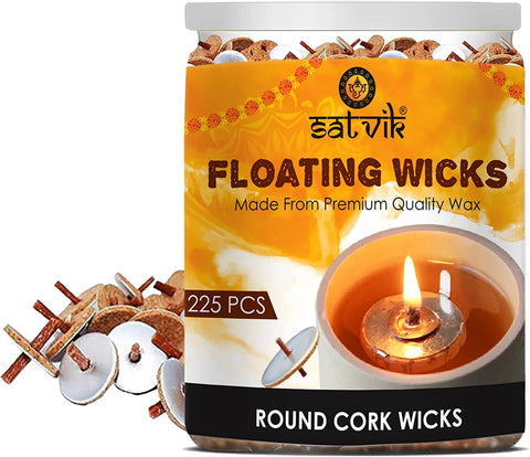 SATVIK 225 Pc Round Floating Wicks for Oil Cups with Cork Disc Holders, designed for long-lasting, clean-burning illumination in oil lamps for pooja and spiritual rituals. Eco-friendly, handmade with care. Indiaβs Largest Pooja Accessories Brand β www.satvikstore.in