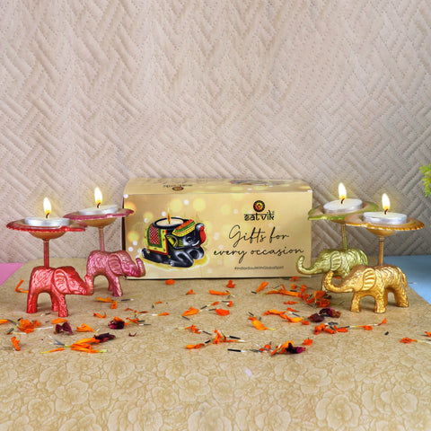 Set of 4 Spectacular Assorted Metal Elephant with Diya Showpieces, handcrafted with intricate detailing, ideal for pooja ceremonies, festive dΓ©cor, or as a unique gift. Indiaβs Largest Pooja Accessories Brand β www.satvikstore.in