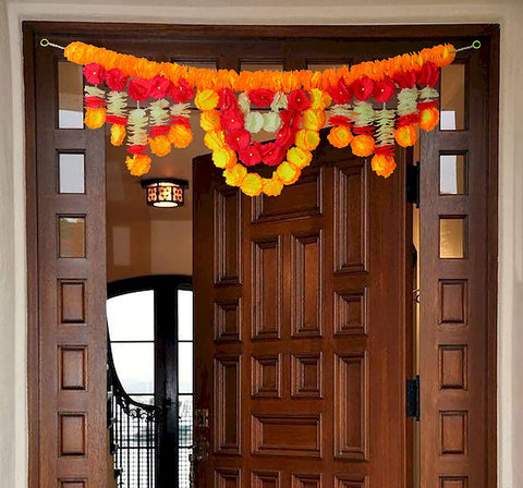 Vibrant artificial flower bandarwal for door decoration, featuring a floral toran with colorful blooms, ideal for festive occasions, weddings, and home entrances. Indiaβs Largest Pooja Accessories Brand β www.satvikstore.in