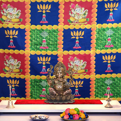 Vibrant multicolor backdrop cloth featuring Lord Ganesha surrounded by artistic floral prints, ideal for pooja, festivals, and temple decoration. Indiaβs Largest Pooja Accessories Brand β www.satvikstore.in