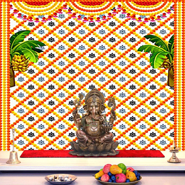 White backdrop cloth with elegant printed floral design, perfect for pooja decoration, home mandir, or festive backgrounds. India’s Largest Pooja Accessories Brand – www.satvikstore.in