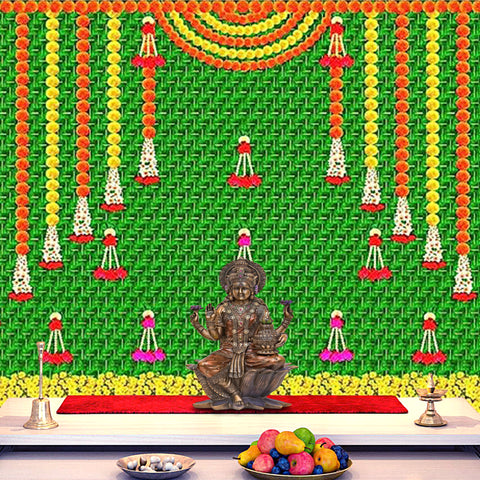 Decorative backdrop cloth printed with a vibrant banana leaf design, ideal for pooja, mandir, and festive decoration setups. Indiaβs Largest Pooja Accessories Brand β www.satvikstore.in