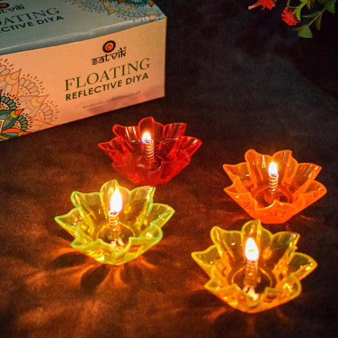 A set of 12 reflective floating Diwali diyas, featuring intricate designs and a reflective surface that adds elegance to your Diwali celebrations. Indiaβs Largest Pooja Accessories Brand β www.satvikstore.in