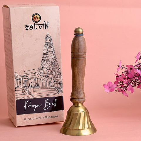14 cm Wooden Handle Brass Bell with polished brass body and sturdy wooden grip, ideal for temple rituals, classrooms, and traditional ceremonies. India’s Largest Pooja Accessories Brand – www.satvikstore.in
