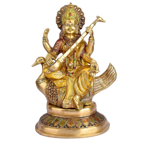 19.3 Inch Big Saraswati Maa Brass Statue featuring intricate detailing, perfect for spiritual home decor, temple worship, and devotional gifting. India’s Largest Brass Idols Brand - www.satvikstore.in
