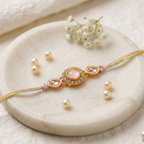 Pastel Pink Oval Stone and Kundan Designer Rakhi