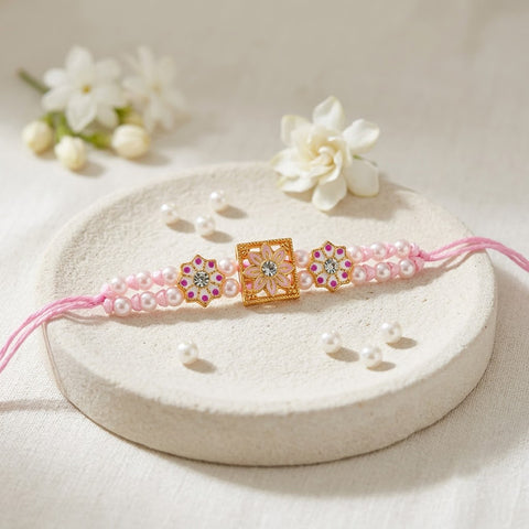 Pink Pearl Double Line Floral Meenakari Designer Rakhi