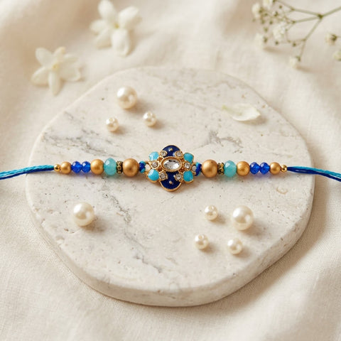 Handcrafted Floral Blue Meenakari and Beaded Rakhi