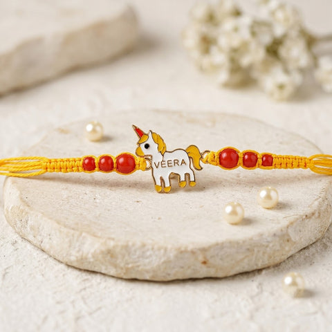 Playful White and Gold Unicorn Motif Kids Rakhi