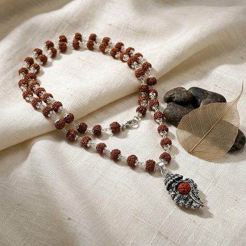 5 Mukhi Rudraksha Mala with Silver-Toned Sumeru Pendant