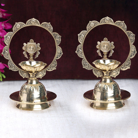Brass Mor Kiran Chakra & Shankh Diya Pair 6.2 Inch