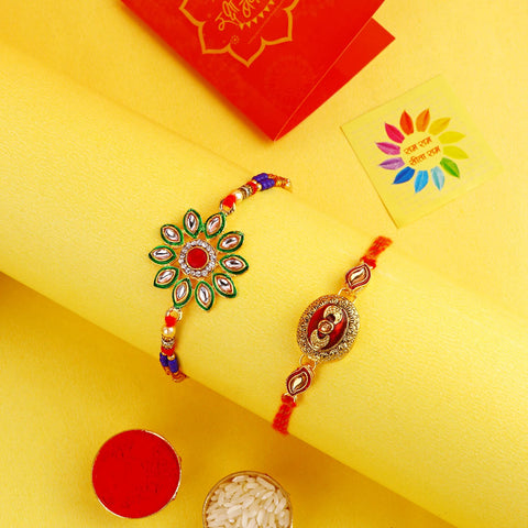 Beautiful Kundan Rakhi set of 2 for sibling celebrations. India’s Largest Pooja Accessories Brand – www.satvikstore.in

