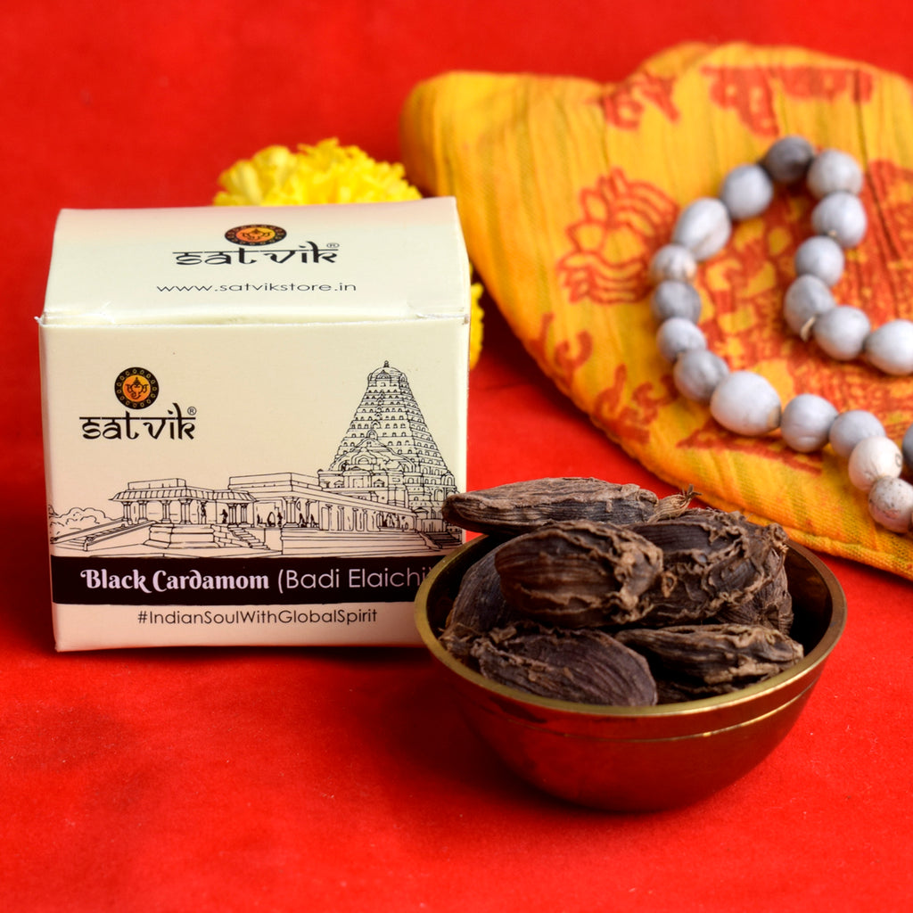 Black Cardamom (Badi Elaichi) 10gm is a strong, aromatic spice used in pooja and rituals to purify the atmosphere and invoke blessings during religious ceremonies, enhancing spiritual connections – India’s Largest Pooja Accessories Brand – www.satvikstore.in