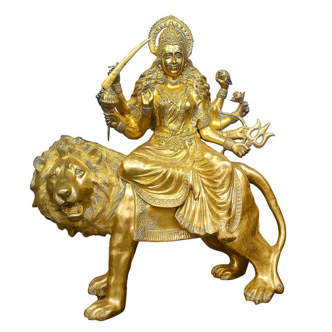 43 Inch Brass Durga Riding Lion Statue - Multi-Armed Goddess Idol with Sword & Trident