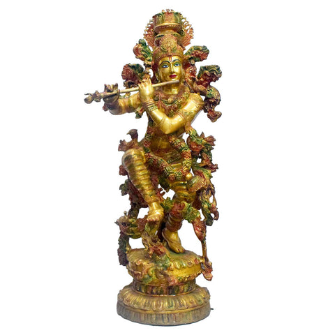 43 Inch Large Brass Krishna Flute Player Statue - Tribhanga Pose