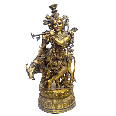 45 Inch Large Brass Krishna Flute Player with Cow Statue