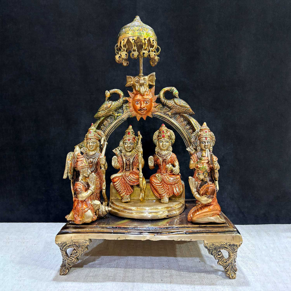  Brass Idol of 13.5 Inch Brass Ram Panchyat Idol. Enhance your spiritual space with this beautifully crafted 13.5-inch Brass Ram Panchayat Idol. Featuring the revered figures of Lord Ram, Sita, Lakshman, and Hanuman, this idol beautifully represents the harmony, strength, and devotion of the Ramayan. India's Largest Puja Accessories Brand - Satvik No 1 Brass Idol Collection 