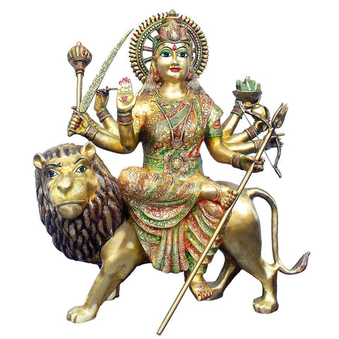 34 Inch Large Brass Sherawali Mata Statue Seated on Lion