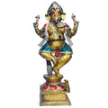 Handcrafted large brass standing statue of Lord Ganesha holding a modak and lotus, glossy finish, weight 60000 grams (60 kg), height 107 cm (approximately 42.13 inches), length 50 cm (approximately 19.69 inches). 
India's Largest Puja Accessories Brand - Satvik No. 1 Brass Idol Collection 

