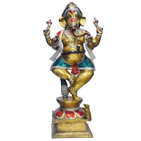 42 Inch Large Brass Standing Ganesha Statue with Modak & Lotus