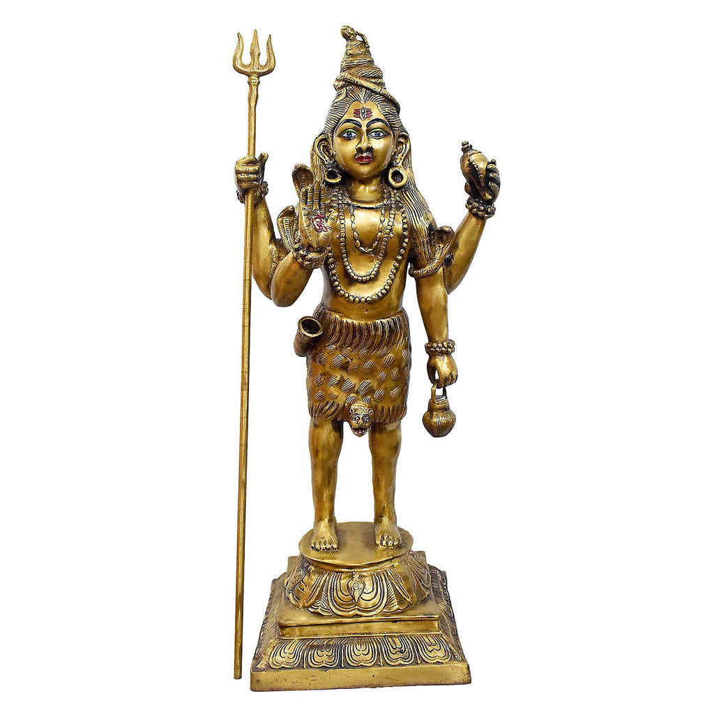 Handcrafted large brass standing statue of Lord Shiva holding a Trishul and Damaru, glossy finish, weight 32400 grams, height 102 cm, length 41 cm. Best for VIP Gift, best for big premium gift, best for your temple. India's Largest Puja Accessories Brand - Satvik No. 1 Brass Idol Collection 