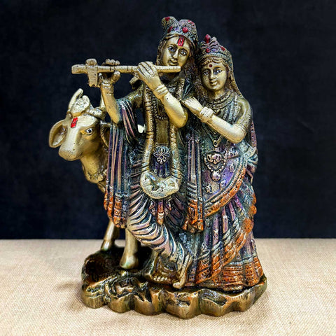 6.3 Inch Sacred Radha Krishna with Kamdhenu Cow Idol – Beautifully Crafted Brass Sculpture Depicting Divine Love of Radha Krishna with the Holy Kamdhenu Cow, Ideal for Home Temple. No.1 Brass Idol Store www.satvikstore.in 
