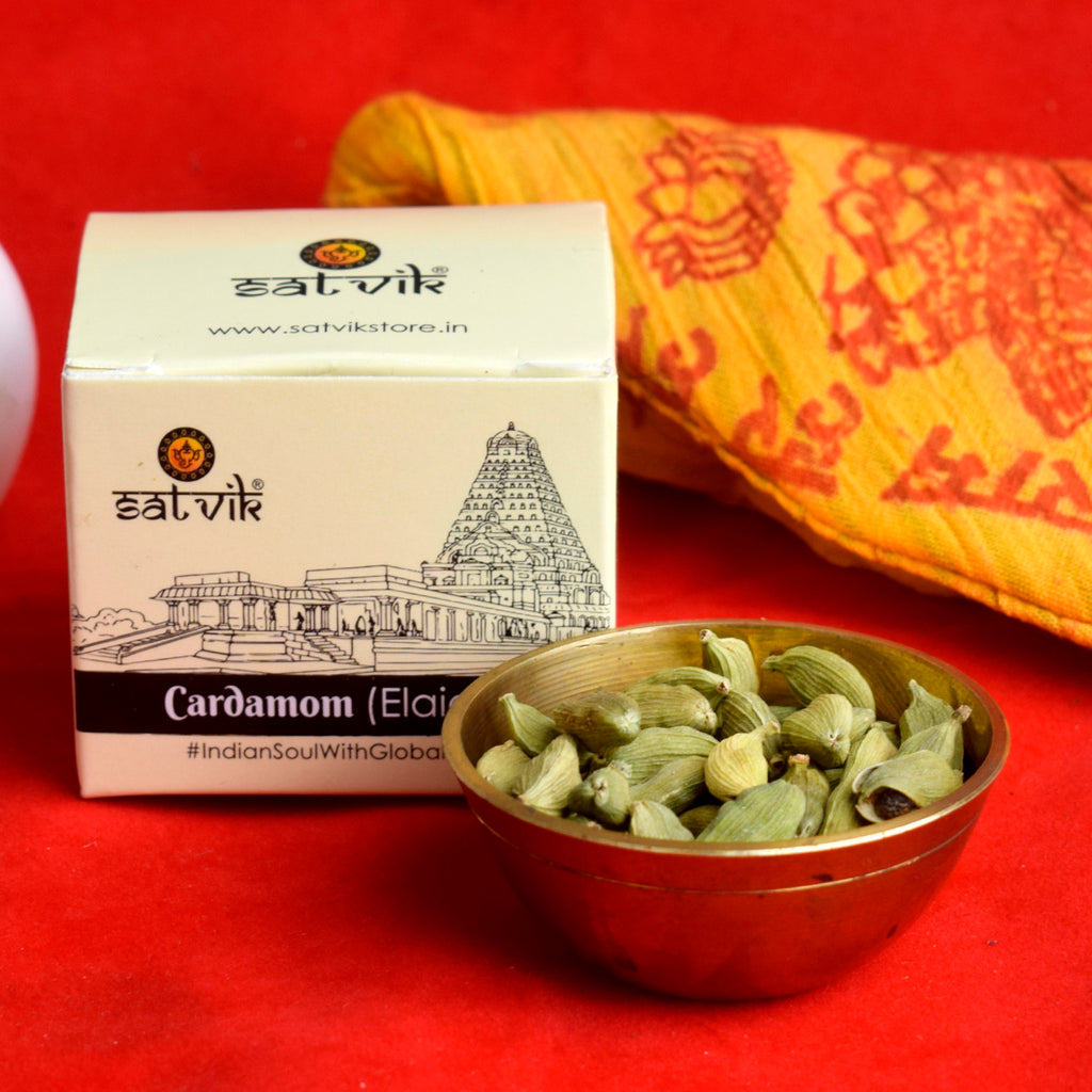 Cardamom (Elaichi) 10gm is a fragrant spice used in pooja and religious rituals to enhance the aroma of offerings, invoking divine blessings and purity during spiritual ceremonies – India’s Largest Pooja Accessories Brand – www.satvikstore.in