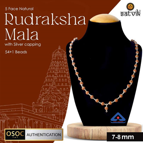 Hallmarked 925 Pure Silver 5 Mukhi Rudraksha Mala with silver Capping