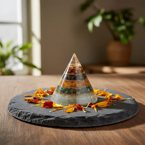 Conical Dhan Yog Pyramid with Selenite Base Spiritual Prosperity Tool